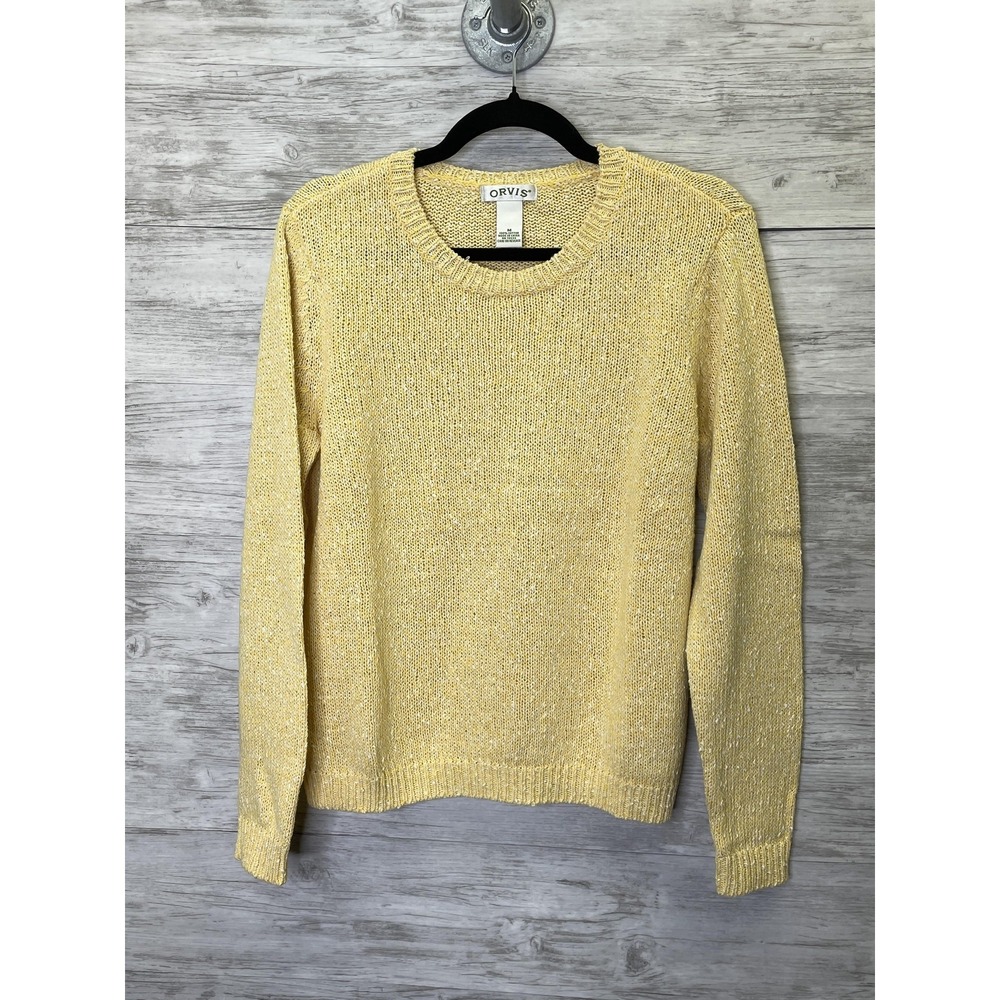 Orvis Sweater Womens Medium Yellow Open-Knit Crewneck Raglan Sleeve‎ Cotton